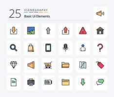 grundlegende ui-elemente 25 zeilengefülltes icon pack inklusive haus. Gebäude. Pfeile. Zeichen. Achtung vektor