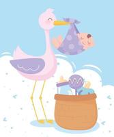 baby shower, stork med liten pojke i filt med korgskall och napp, firande välkommen nyfödd vektor
