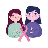 bröstcancer medvetenhet månad unga kvinnor porträtt och rosa band, vektor