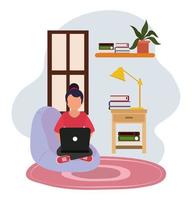 Arbeiten zu Hause, Frau im Stuhl mit Computertischlampe und Büchern, Menschen zu Hause in Quarantäne vektor