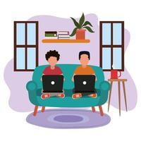 Arbeiten zu Hause, junge Männer auf dem Sofa mit Laptop, Menschen zu Hause in Quarantäne vektor