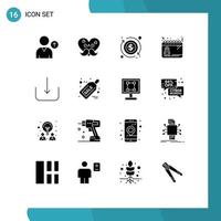 gruppe von 16 modernen soliden glyphen, die für ui-download-geldterminplan editierbare vektordesignelemente festgelegt werden vektor