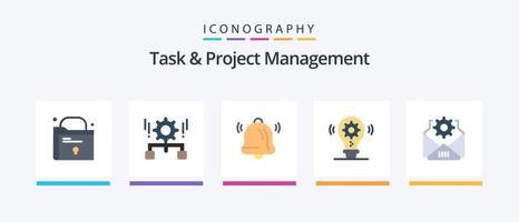Aufgaben- und Projektmanagement Flat 5 Icon Pack inklusive Ausrüstung. Post. Glocke. Einstellung. Idee. kreatives Symboldesign vektor