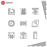 Packung mit 9 kreativen Umrissen von Food Dinner Printer Hotel World editierbaren Vektordesign-Elementen vektor