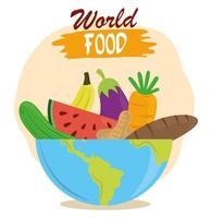 världens matdag, frukt grönsaker bröd i skål, hälsosam livsstil måltid vektor