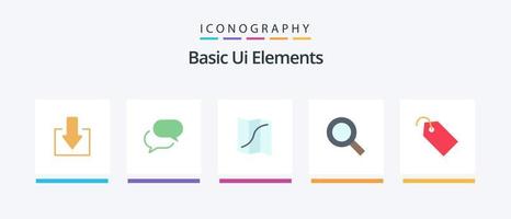 Basic UI Elements Flat 5 Icon Pack inklusive Label. Preis. Lage. finden. Suche. kreatives Symboldesign vektor