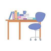 Arbeitsbereich Bürostuhl Tisch Bücher und Kaffeetasse isoliert Design weißen Hintergrund vektor