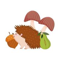 Herbst Igel Eichel Birne und Pilze isoliert Design weißen Hintergrund vektor