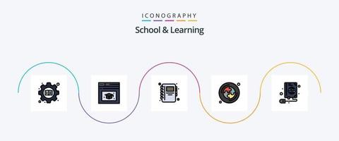 Schul- und Lernlinie gefülltes flaches 5-Icon-Paket einschließlich . Netz. Notizbuch. Buchen. Puzzle vektor