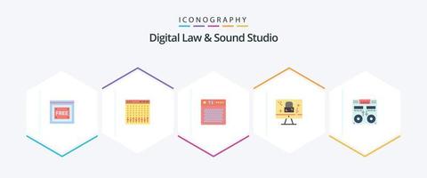 Digital Law and Sound Studio 25 Flat Icon Pack inklusive Schloss. Monitor. Rührgerät. DMCA-Schutz. Multimedia vektor