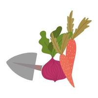 Gartenarbeit, Spaten Rote Beete und Karottengemüse isoliert Ikonenstil vektor