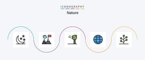 natur linje fylld platt 5 ikon packa Inklusive träd. trädgård. fåglar. skog. klot vektor