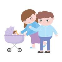 Schwangerschaft und Mutterschaft, glückliche Eltern mit Baby im Kinderwagen vektor