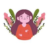 tecknad glad tjejporträtt med lövlöv natur isolerad design vektor