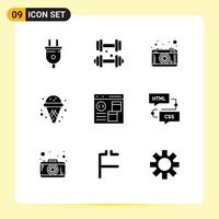 Stock Vector Icon Pack mit 9 Zeilenzeichen und Symbolen für die Codierung von App-Kamera-Sommerkegeln editierbare Vektordesign-Elemente