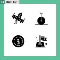 Gruppe von 4 soliden Glyphenzeichen und Symbolen für bearbeitbare Vektordesign-Elemente für Raumschiff-Münzenraum-Einradgeld vektor