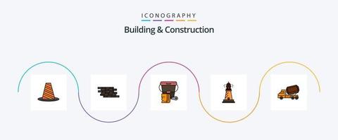 byggnad och konstruktion linje fylld platt 5 ikon packa Inklusive ljus. fyr. vägg. borsta. hink vektor