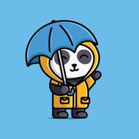 niedlicher postbotenpanda, der einen regenmantel trägt und einen regenschirm hält, cartoon illustration tierische natur vektor