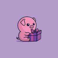 vektor niedliches karikaturschwein mit freier einfacher illustration der geschenkbox