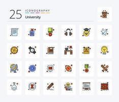 Universität 25 Zeilen gefülltes Icon Pack inklusive Professor. leisten. Unterstützung. Audio- vektor