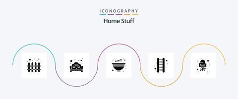 Home Stuff Glyph 5 Icon Pack inklusive Schreibtisch. Treppe. Schüssel. Heimat. Wohnung vektor