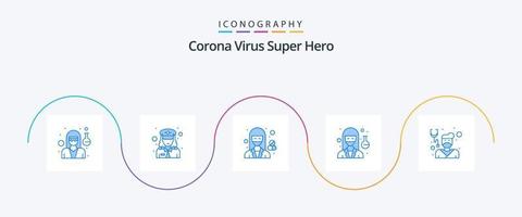 Corona Virus Superheld Blau 5 Icon Pack inklusive Männchen. Arzt. Krankenhaus. Wissenschaftler. Arzt vektor