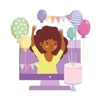 Online-Party, glückliches Mädchen im Video, das Geburtstag mit Kuchen feiert vektor