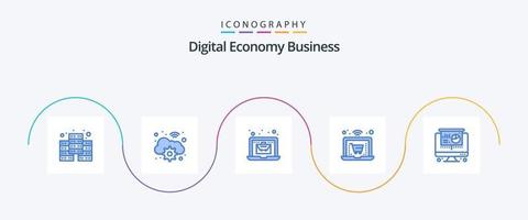 Digital Economy Business Blue 5 Icon Pack inklusive . Beamer. Laptop. Rechner. Einkaufen vektor