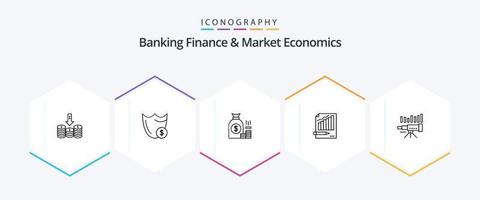 Bankfinanzierung und Marktwirtschaft 25-Zeilen-Icon-Pack einschließlich Vermögen. Gold. sicher. Finanzen. Tasche vektor