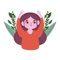 Cartoon glückliches Mädchen mit Blättern Fliage Natur isoliert Design vektor