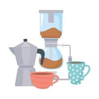 Kaffeezubereitungsmethoden, über Moka-Kanne und Kaffeetassen gießen vektor