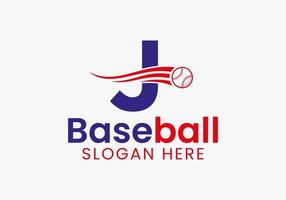 Buchstabe j Baseball-Logo-Konzept mit beweglicher Baseball-Icon-Vorlage vektor