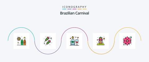 brasiliansk karneval linje fylld platt 5 ikon packa Inklusive blomma. kamomill. flaska. kostym. avatar vektor