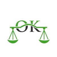 Buchstabe ok Anwaltskanzlei Logo-Design für Anwalt, Justiz, Anwalt, Recht, Anwaltsdienst, Anwaltskanzlei, Waage, Anwaltskanzlei, Anwaltsunternehmen vektor