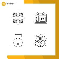 Gruppe von 4 modernen Filledline-Flachfarben für Browser-Sperrpad-Weltdatumssicherheit editierbare Vektordesign-Elemente vektor