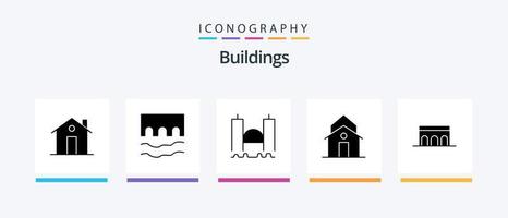 Gebäude Glyphe 5 Icon Pack inklusive Haus. Gebäude. Monument. Fluss. Hafen. kreatives Symboldesign vektor