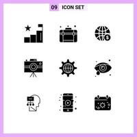 Stock Vector Icon Pack mit 9 Zeilenzeichen und Symbolen für Sicherheitsjournalisten Kamerawelt Handycam Business editierbare Vektordesign-Elemente