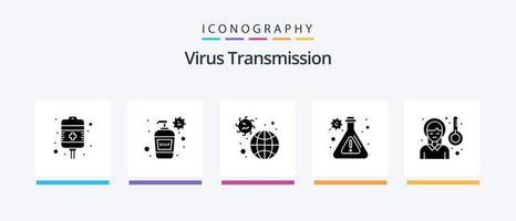 virus överföring glyf 5 ikon packa Inklusive huvudvärk. sjukdom. forskning. flaska. kreativ ikoner design vektor