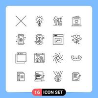 Stock Vector Icon Pack mit 16 Zeilenzeichen und Symbolen für Dateneinladungs-Eis-Valentinskarte editierbare Vektordesign-Elemente