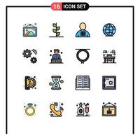 Stock Vektor Icon Pack mit 16 Linienzeichen und Symbolen für Zahnräder Welt Avatar Globus Video editierbare kreative Vektordesign-Elemente