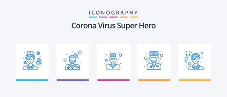 korona virus super hjälte blå 5 ikon packa Inklusive flicka. sjuksköterska. läkare. flicka. stetoskop. kreativ ikoner design vektor