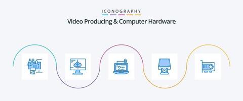 video producerar och dator hårdvara blå 5 ikon packa Inklusive data lagring. dvd. Installera. bärbar dator. hårdvara vektor
