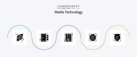 Media Technology Glyph 5 Icon Pack inklusive Schild. Show. Scheibe. Ansicht. Auge vektor