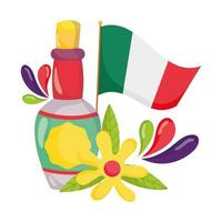 mexikanska självständighetsdagen, flaskan tequila blomma och flagga, viva mexico firas i september vektor