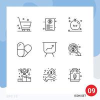 Stock Vector Icon Pack mit 9 Zeilenzeichen und Symbolen für die Suche nach Performance Web Board Pille editierbare Vektordesign-Elemente