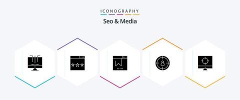 seo und media 25 glyph icon pack inklusive business. Ziel. Rangfolge. seo. seo vektor