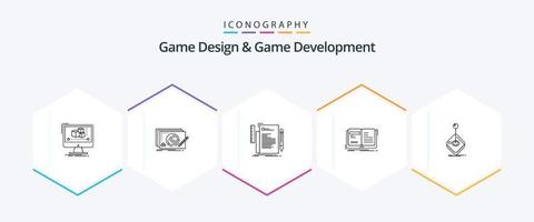 Spieldesign und Spielentwicklung 25-Zeilen-Icon-Pack, einschließlich Open. Autor. Komplett. Skript. Datei vektor