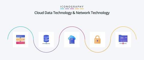 Cloud-Datentechnologie und Netzwerktechnologie Flat 5 Icon Pack einschließlich Daten. Sicherheit. Wolke. gelockt. schau vektor