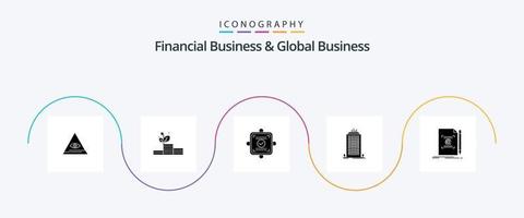 finansiell företag och global företag glyf 5 ikon packa Inklusive brev. torn. ok. skyscaper. bulding vektor