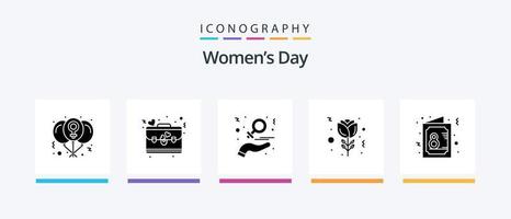 kvinnor dag glyf 5 ikon packa Inklusive kort. röd. kärlek. blomma. kärlek. kreativ ikoner design vektor